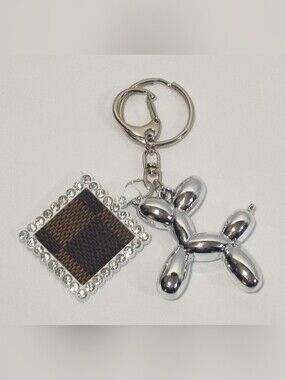 Louis Vuitton Damier Ebene Canvas Silver Cabochon Balloon Dog Keychain Bag Charm
